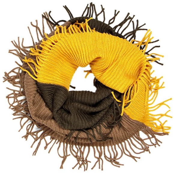 Accessories - Fringe Knit Infinity Scarf | Olive Mustard Tan